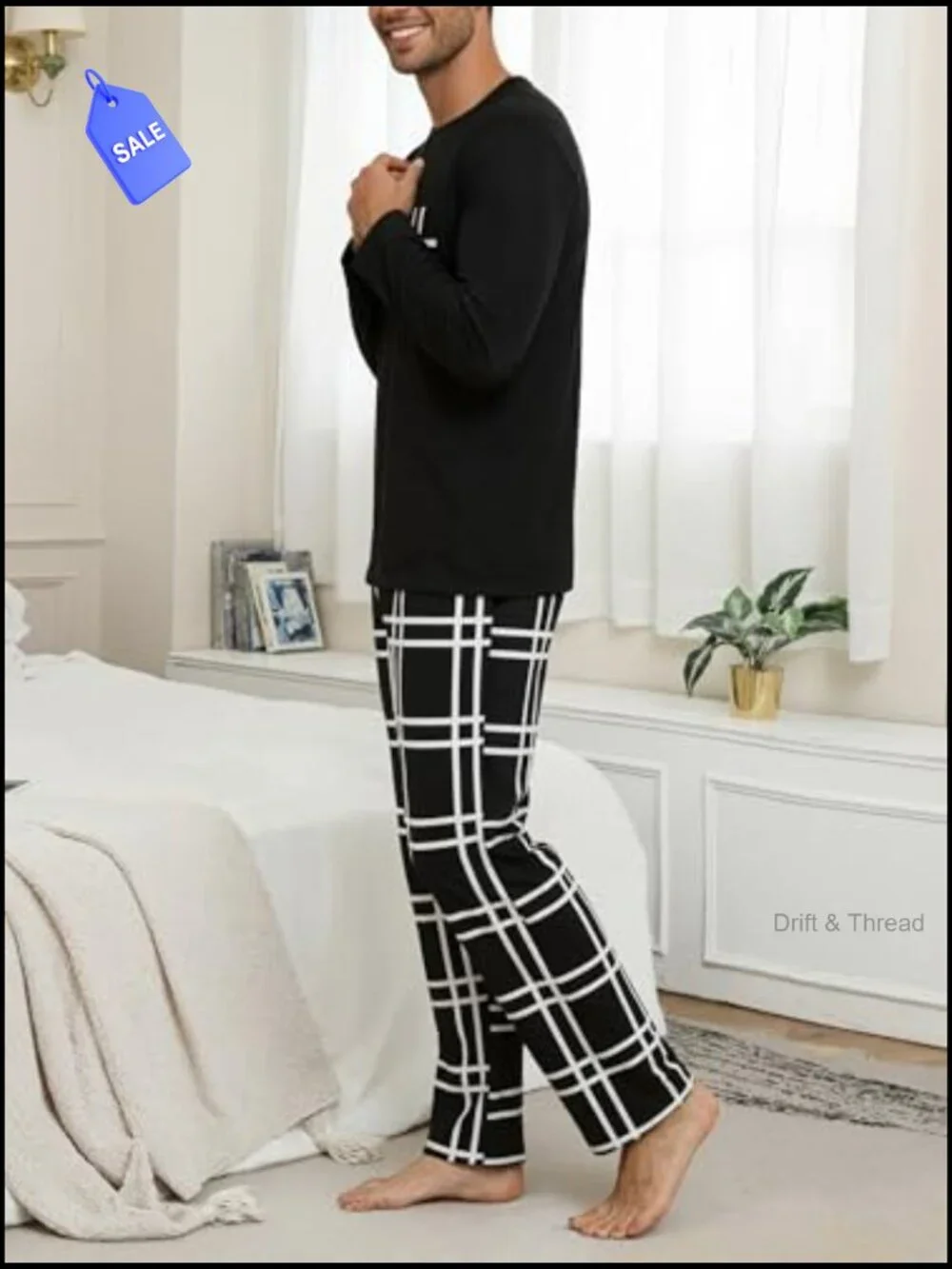 Men's 2-Piece Pajama Set Long Sleeve Plaid Pants with Pockets Soft Comfy Lounge